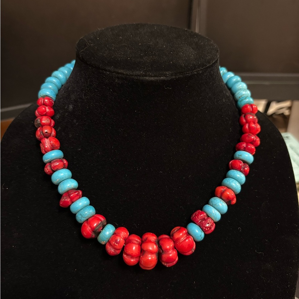 Bold Turquoise & Red Beaded Statement Necklace – Chunky Boho Style